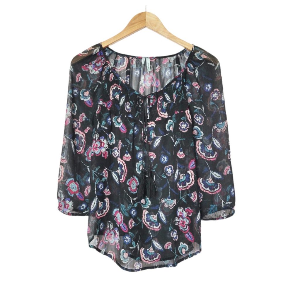 Maurices Blouse Black Floral Semi Sheer Long Sleeve Tassel Tie Popover Blouse